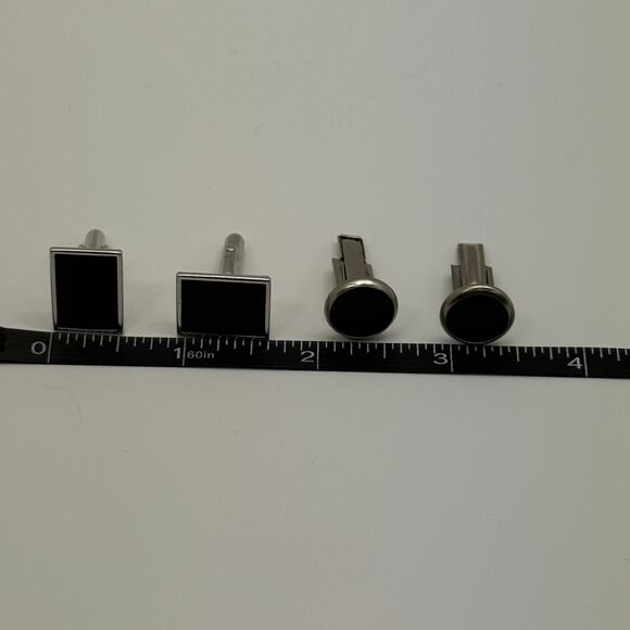 Fashion Rectangle and Round Silver Black Mens Cufflinks 2 Sets - Picture 7 of 7